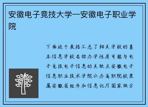 安徽电子竞技大学—安徽电子职业学院