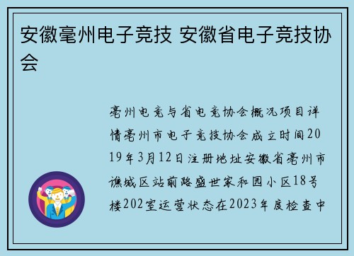 安徽毫州电子竞技 安徽省电子竞技协会