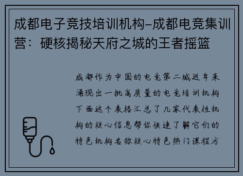 成都电子竞技培训机构-成都电竞集训营：硬核揭秘天府之城的王者摇篮