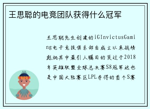 王思聪的电竞团队获得什么冠军
